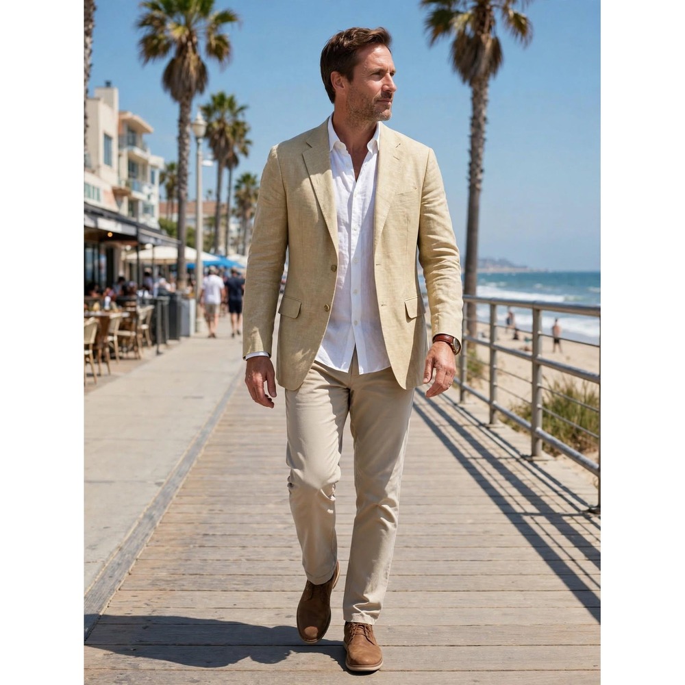Brooks Brothers Mens 43L Summer Sport Coat Tan Beige Slubbed Fabric USA